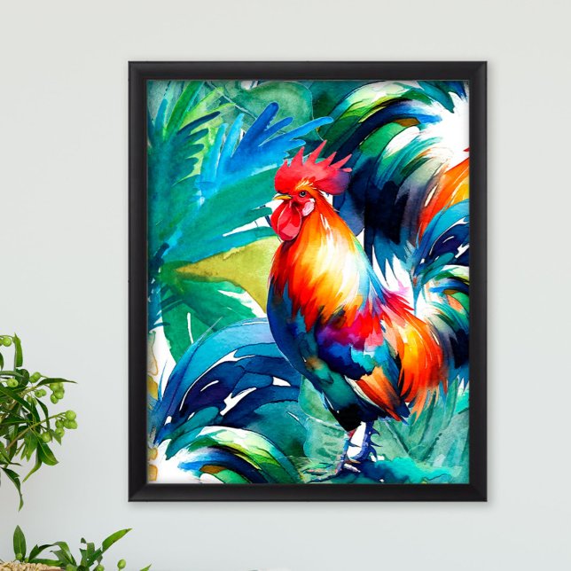 Tupp-färgad vattenfärg poster (Sol the rooster watercolor print in vibrant shades of tropical green, blue and red.)