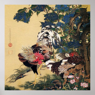 Tupp, Höna och Hortensia av Ito Jakuchu Poster