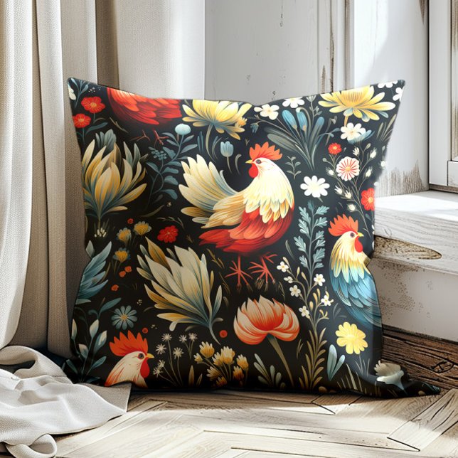 Tupp Kyckling Blommor Svart Gård  Kudde (Red and cream-colored rooster on black decorator pillow)