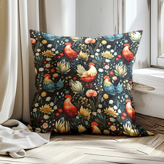 Tupp Kyckling Gårdshus Marinblå Gård  Kudde (Red and blue rooster pattern on black decorator pillow)