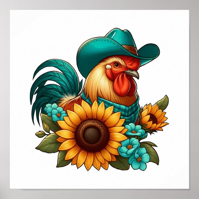 Tupp med turkos hatt och solrosor  poster (Framsidan)