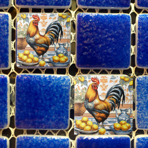 Tupp och citroner Azulejo stil blå orange kräm Kakelplatta