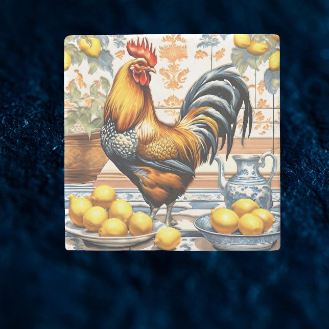 Tupp och citroner Azulejo stil blå orange kräm Stenunderlägg (Skapare uppladdad)