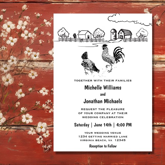 Tupp och Hen Chickens Charming Farm Bröllop Inbjudningar (Front - Rooster and Hen Chickens Charming Farm Wedding Invitation)