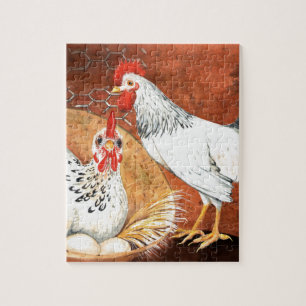 Tupp och höna med ägg på den Handpainted bygga Pussel