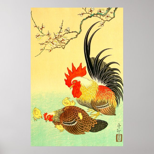 Tupp och höna Ohara Koson 1930-talet Poster (Framsidan)