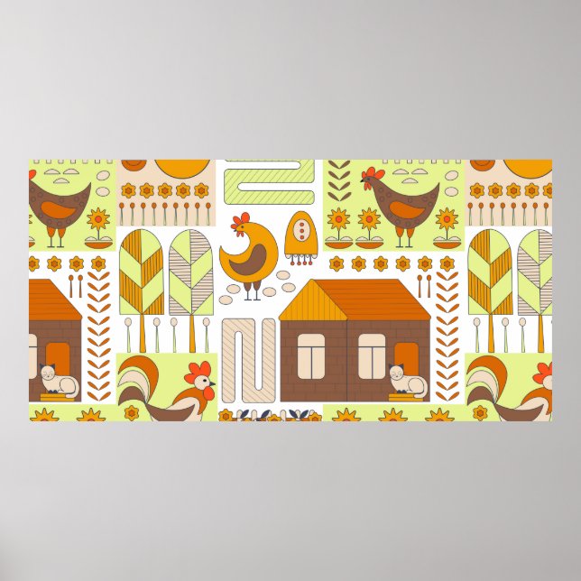 Tupp och två höns, ägg, blommor, hus, ritningar poster (Framsidan)