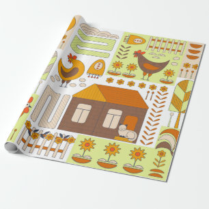 Tupp och två höns, ägg, blommor, hus, ritningar presentpapper