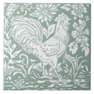 Tupp Sage Grönt Garden Scene Chicken Butterfly Kakelplatta
