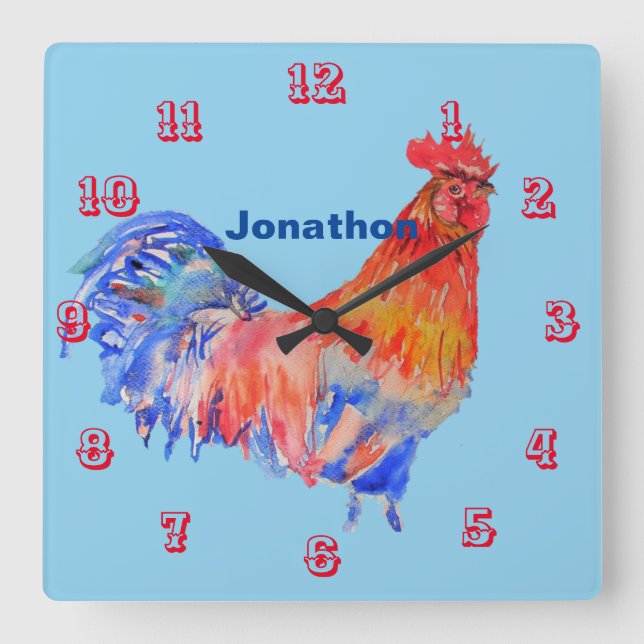 Tupp Watercolor Chicken Childrens Room Clock Fyrkantig Klocka (Framsida)