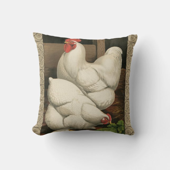 Tuppar & Hen utanför Hen House med White Gräns Kudde (Framsida)