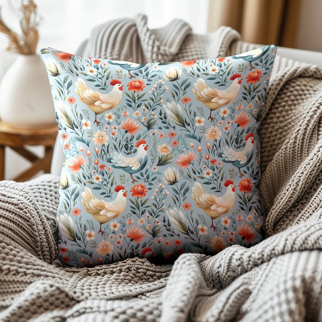 Tuppar Kycklingar Dammtor Blå Farmhouse  Kudde (Blue and white rooster pattern decorator pillow)