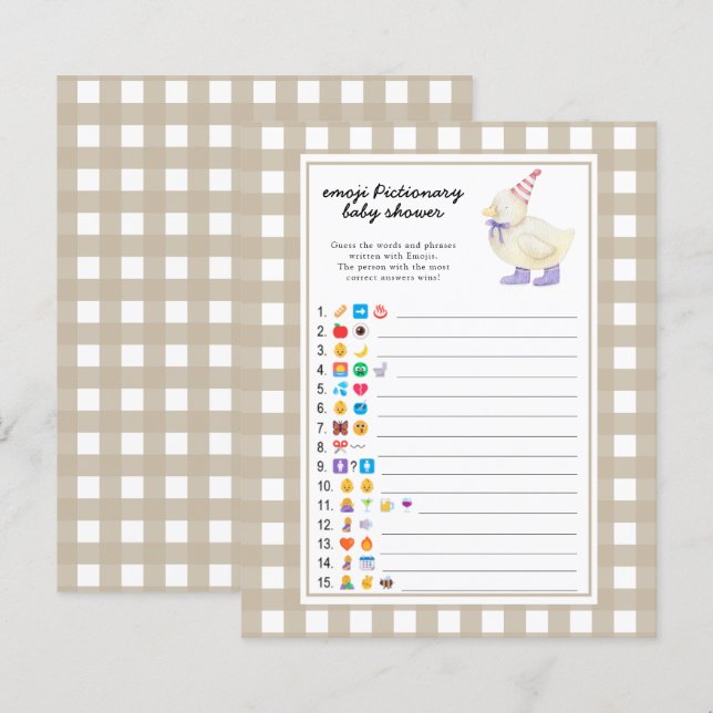 Tur ankdop baby shower - emoji pictionary spel (Fram/baksida)