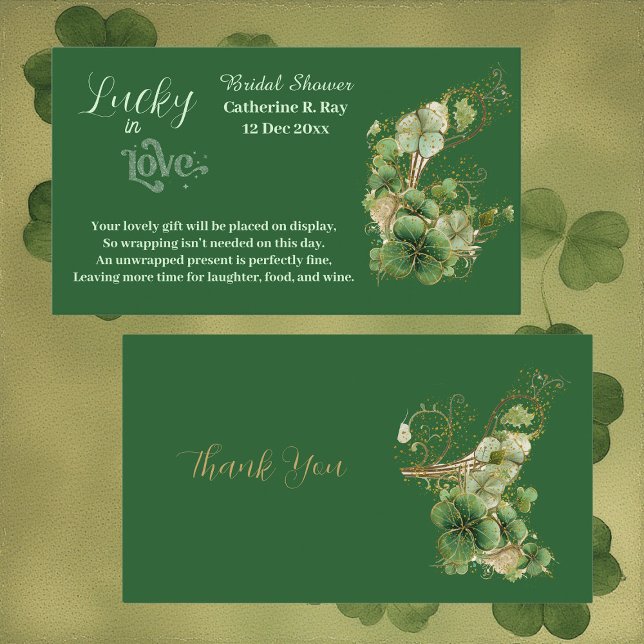 Tur i kärlek Grön Guld Shamrock Bröllopsdusch Tilläggskort (Lucky in Love Golden Green Shamrock Bridal Shower Enclosure Card)
