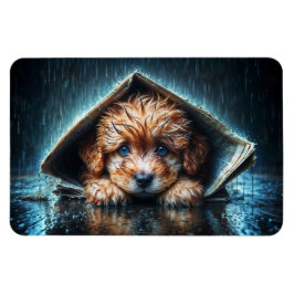 Tur liten hund i regn dag med blå ögon-konst magnet