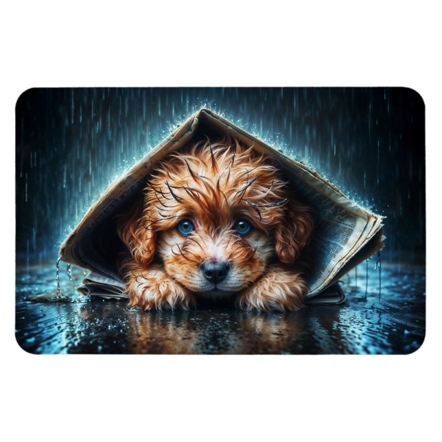 Tur liten hund i regn dag med blå ögon-konst magnet (Horisontell)