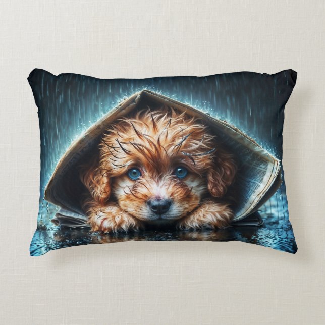 Tur liten hund i regn dag med blå ögon-konst prydnadskudde (Framsidan)