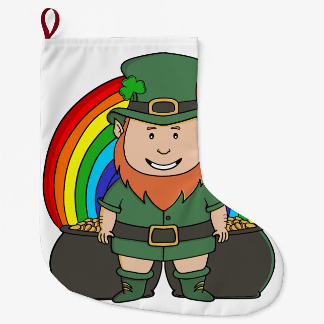 Tur luckiga leprechaun med regnbågspotten av guld stor julstrumpa (Framsidan)