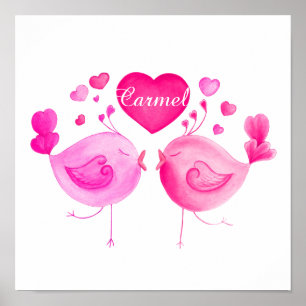 Tur två fåglar som kyssas rosa namn poster utskrif