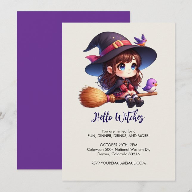 Tur Witch med 2 fåglar, Halloween Inbjudningar (Fram/baksida)