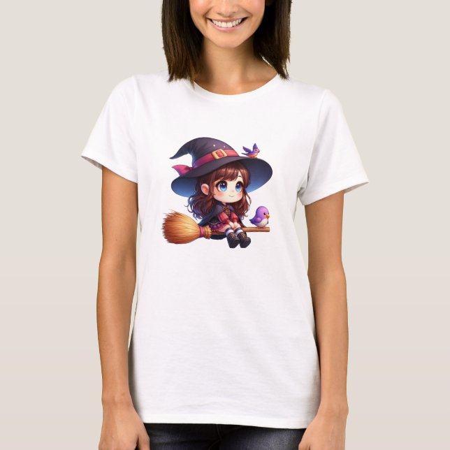 Tur Witch med 2 fåglar, Halloween T Shirt (Framsida)
