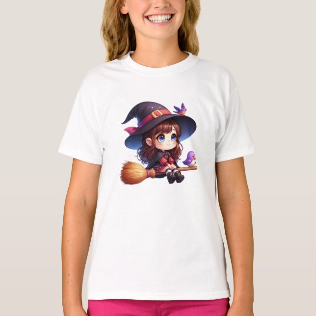 Tur Witch med 2 fåglar, Halloween T Shirt (Framsida)