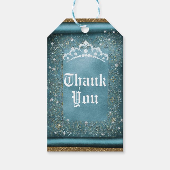 Turblå Glitter & Guld Diamant Tiara Rullande Party Presentetikett (Framsidan)