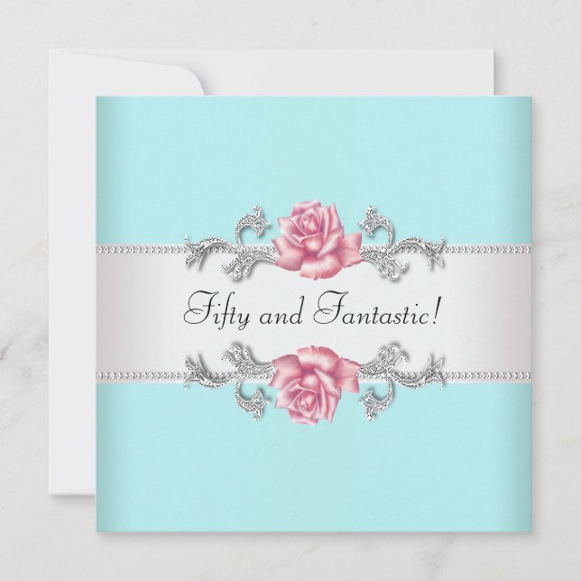 Turblå Rosa Rosor Kvinnas 50-årsfirande Inbjudningar (Framsida)