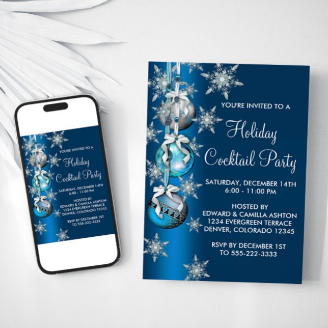 Turblå snöflingornament Julfest Inbjudningar (Blue Christmas ornaments party invitation. All occasion. Available for instant download and print.)