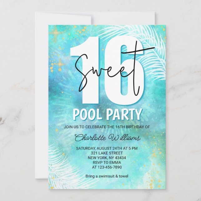 Turblå Sweet 16 Poolparty Födelsedag Inbjudningar (Framsida)