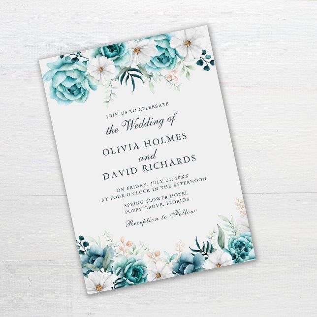 Turblåa vilda blommor bröllop | Offwhite boho blom Inbjudningar (Off-White Teal Floral Wedding Invitation on gray table)
