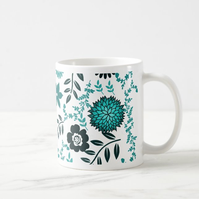 Turcitblått och mörk oliv grönt mönster blommigt kaffemugg (Höger)