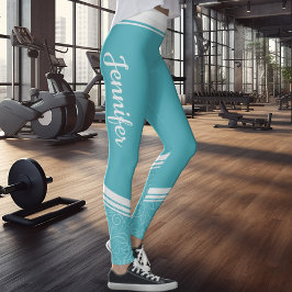 Turcoise blommigt vit rand & namn modern leggings
