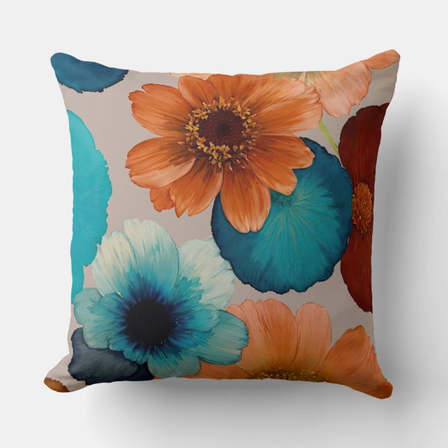 Turcoise blue, Red, Rust och Bronze Boho Flowers Kudde (Framsida)