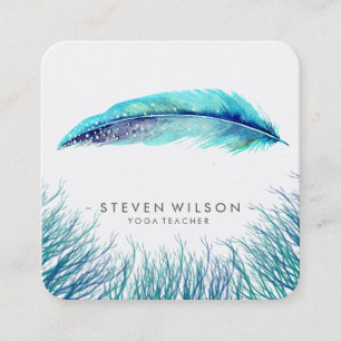 Turcoise Feathers Watercolor Boho Teal Beach Fyrkantigt Visitkort