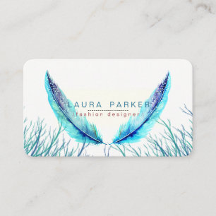 Turcoise Feathers Watercolor Boho Teal Beach Visitkort