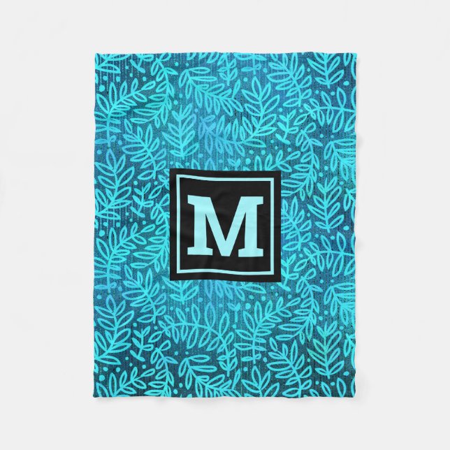 Turcoise foliage löv mönster modern monogram fleecefilt (Framsidan)
