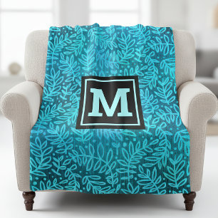 Turcoise foliage löv mönster modern monogram fleecefilt