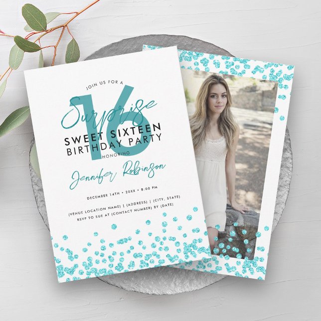 Turcoise Glitter Confetti Surprise Sweet 16 Inbjudningar (Turquoise Glitter Confetti Surprise Sweet 16 Invitation)