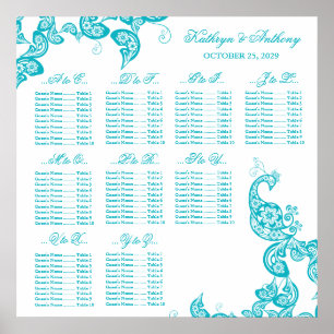 Turcoise Paisley Peacock Bröllop Sittdiagram Poster