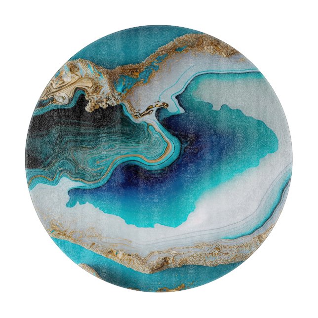 Turcos Aqua Blue Guld Gemstone Acrylic Pour Art (Framsidan)