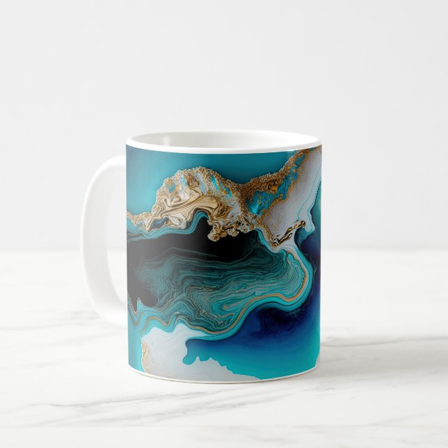 Turcos Aqua Blue Guld Gemstone Acrylic Pour Art Kaffemugg (Framsida vänster)