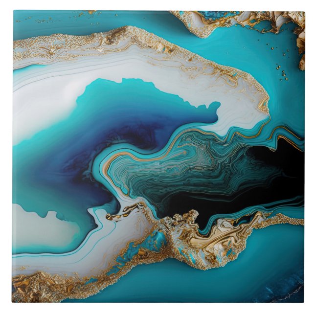 Turcos Aqua Blue Guld Gemstone Acrylic Pour Art Kakelplatta (Framsidan)
