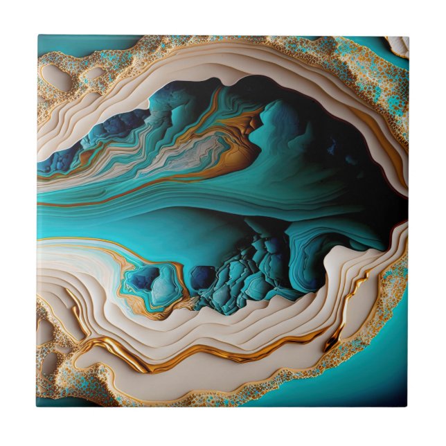 Turcos Aqua Blue Guld Gemstone Acrylic Pour Art Kakelplatta (Framsidan)