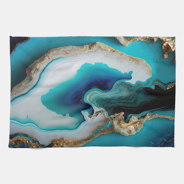 Turcos Aqua Blue Guld Gemstone Acrylic Pour Art Kökshandduk (Horisontell)