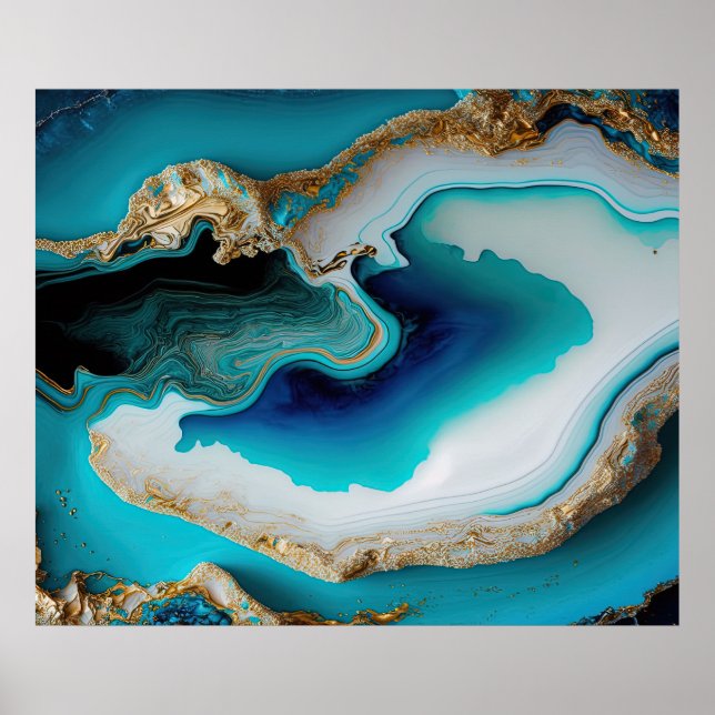Turcos Aqua Blue Guld Gemstone Acrylic Pour Art Poster (Framsidan)