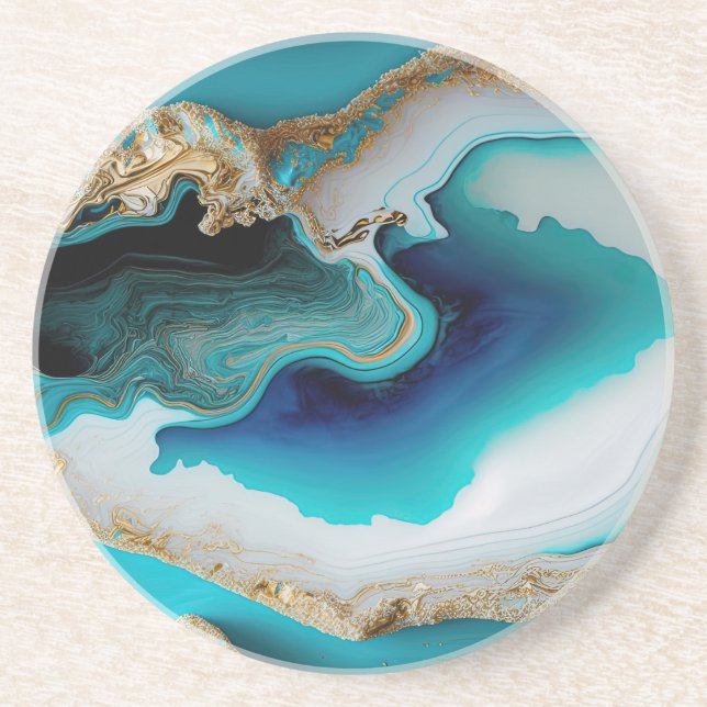 Turcos Aqua Blue Guld Gemstone Acrylic Pour Art Underlägg (Framsidan)