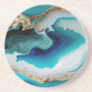 Turcos Aqua Blue Guld Gemstone Acrylic Pour Art Underlägg