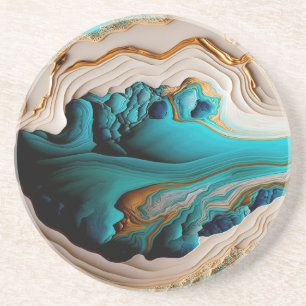 Turcos Aqua Blue Guld Gemstone Acrylic Pour Art Underlägg