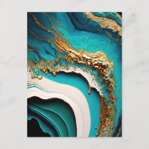 Turcos Aqua Blue Guld Gemstone Acrylic Pour Art Vykort